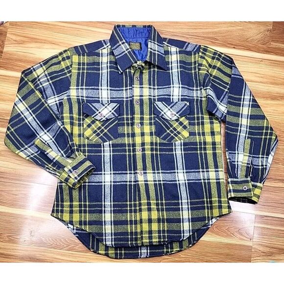 Vtg Sears Perma Prest Wool Flannel Plaid Blue Yellow Button Shirt Men Size Large - Picture 1 of 7